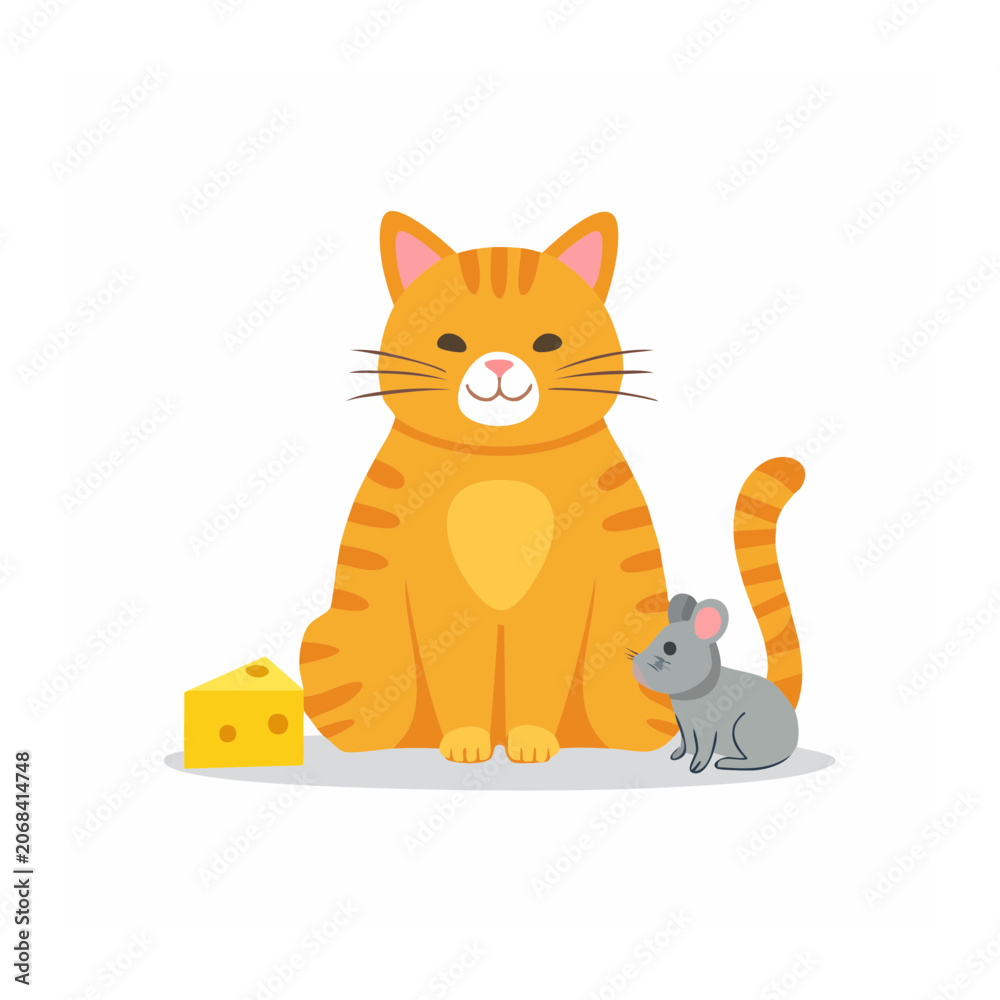 Obraz premium Cute cartoon cat and mouse with cheese