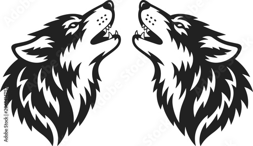 Bild auf Leinwand Black and white symmetrical illustration of two howling wolf heads facing each other, symbolizing strength, wilderness, loyalty, and fierce animal spirit in bold graphic style