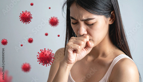 Asian woman coughing heavily with red virus cells floating around, respiratory infection concept