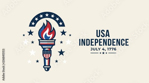 USA Independence Day Torch with Fireworks and Stars.