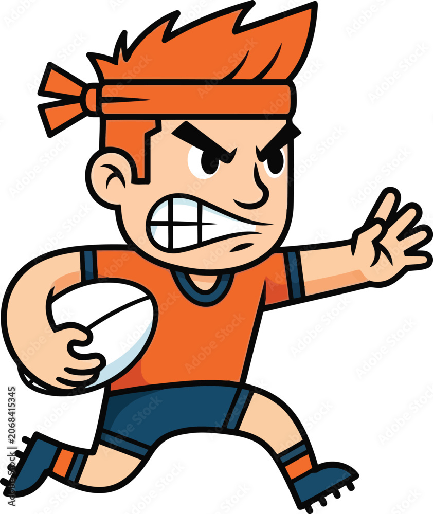Fototapeta premium Angry cartoon football player running with ball in aggressive action pose isolated on white