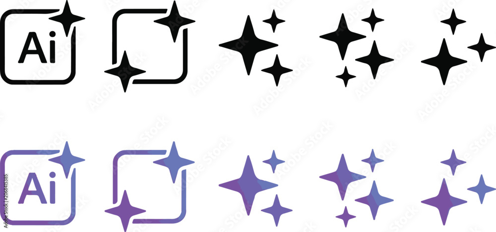 Fototapeta premium AI artificial intelligence generation sparkle icons set with smart assistant technology magic stars features gradient and black line symbols vector illustration