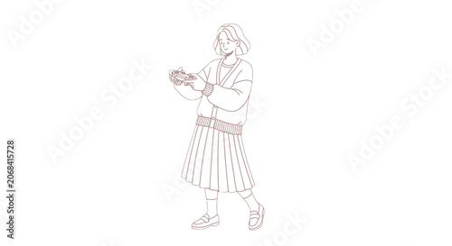 Woman in traditional Scottish kilt playing bagpipes.