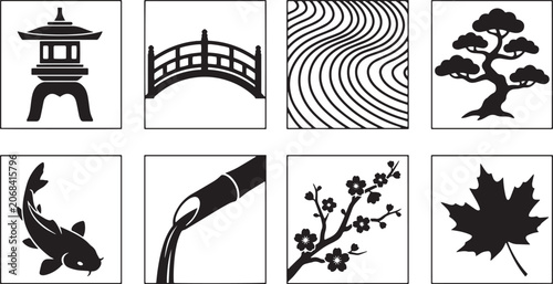 Set of Japanese culture icons featuring pagoda, bridge, bonsai, koi, and nature elements in black silhouette style