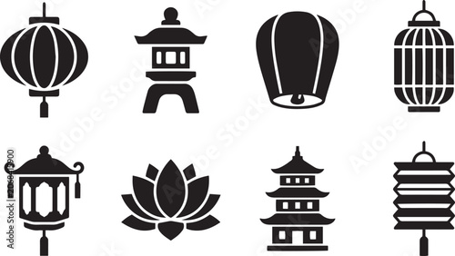 Set of Asian Cultural Icons Featuring Traditional Lanterns and Landmarks