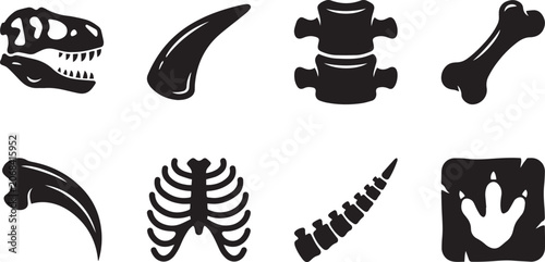 Collection of black dinosaur fossil icons featuring skulls, bones, teeth, and footprints for paleontology design projects