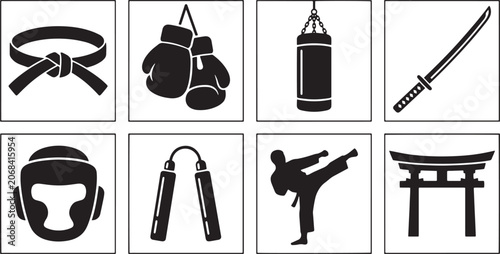 Martial Arts and Combat Sports Icons A Collection of Training and Fighting Equipment