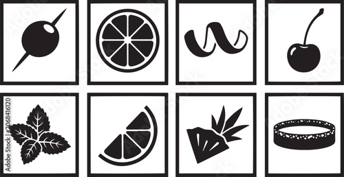 Black and White Cocktail Garnish Icon Set Featuring Mint Cherry Citrus and Olive