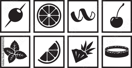 Set of Cocktail Garnish Icons Featuring Fresh Fruits Herbs and Ingredients for Drink Presentation and Beverage Menu Design