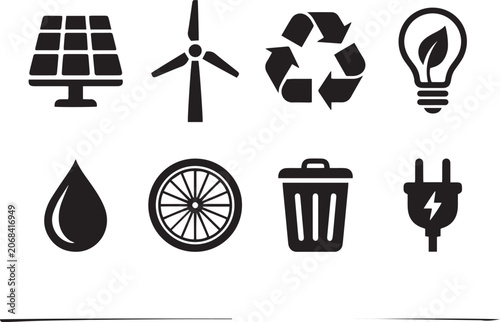 Collection of Sustainable Energy and Eco Friendly Icons Set for Environmental Conservation and Green Living Concept Design