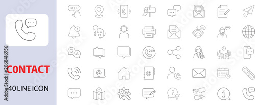 Collection of 40 line icons related to contact and communication