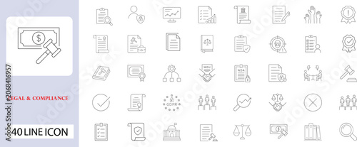 A set of 40 line icons related to legal and compliance concepts