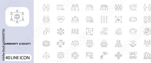 A set of 40 line icons depicting community and society concepts in a simple style