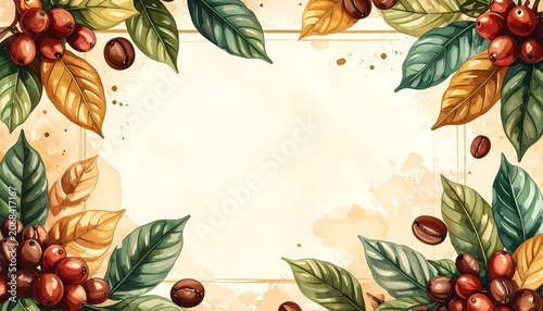 Coffee plant cherries and leaves border frame watercolor illustration with central copy space in warm lighting on vintage textured background.
