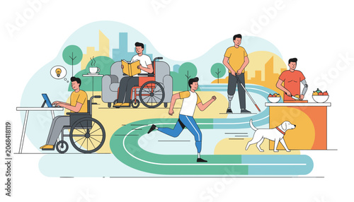 Diverse group of disabled individuals staying active, working on laptops, reading, running, and cooking in daily life.