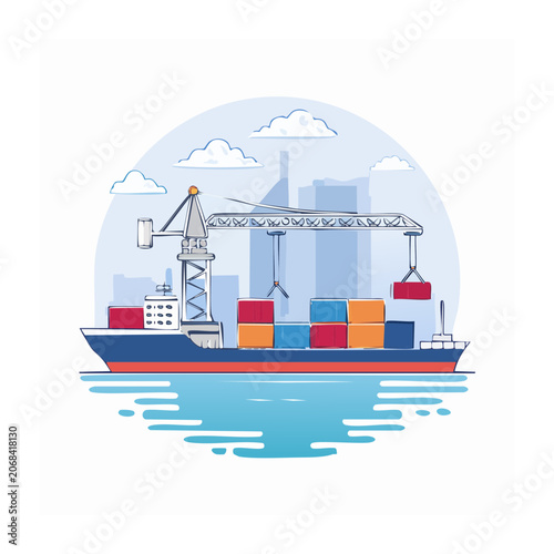 Flat Design Illustration of Cargo Ship with Containers and Crane