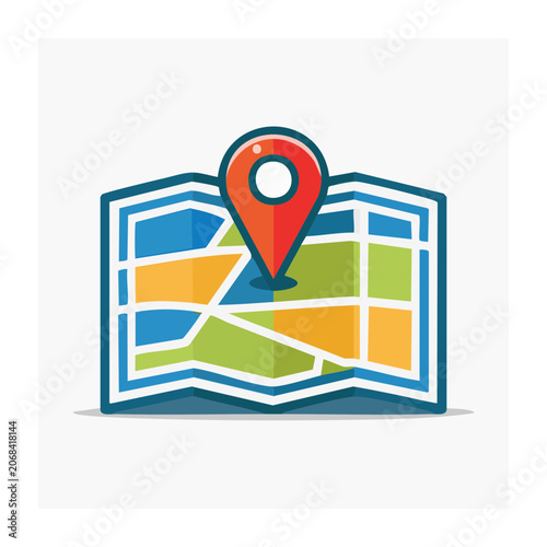 Flat design map pin icon on folded map