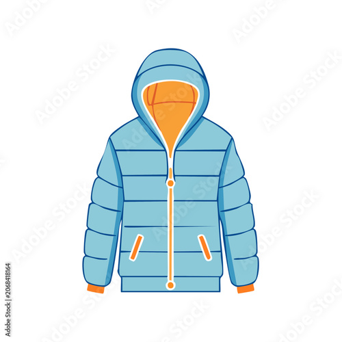 Flat illustration of a light blue puffer jacket with hood