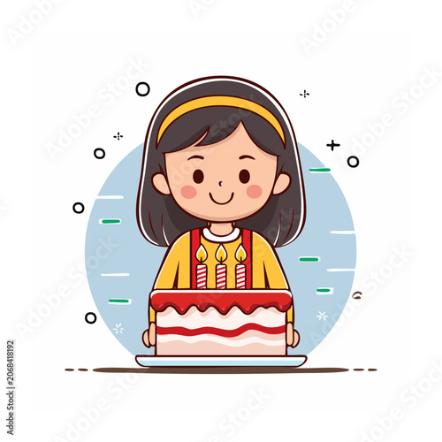 Girl holding birthday cake with candles illustration