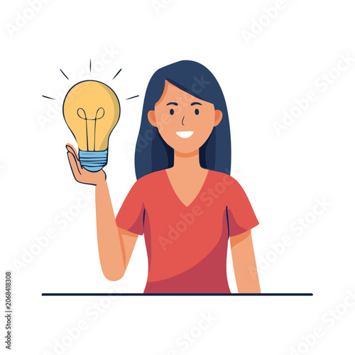 Woman holding light bulb in flat vector style