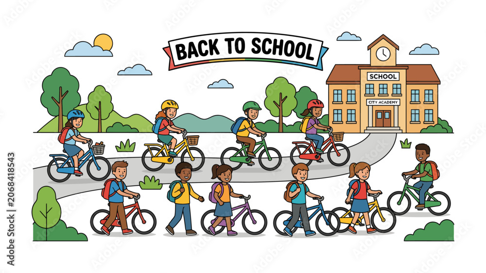Fototapeta premium Back to School Excitement: A vibrant illustration depicts children of diverse backgrounds happily returning to school, riding bicycles and walking towards a charming school building under a sunny sky.