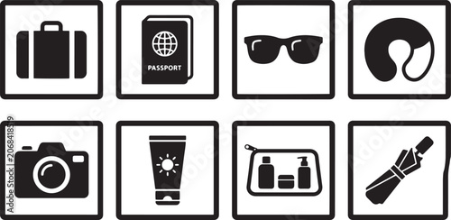 Travel essentials icon set featuring suitcase, passport, camera, and accessories