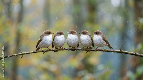 Group of Five Birds Sitting Together on Branch