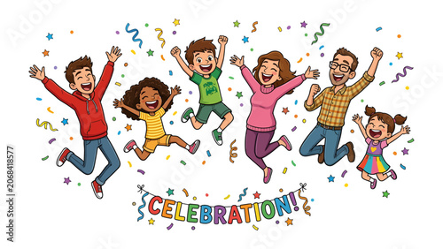 Fényképezés Joyful Family Celebration: A diverse family beams with happiness, leaping mid-air amidst a shower of confetti and streamers, celebrating a joyous occasion with infectious enthusiasm