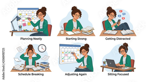 A Woman's Workday Struggle: A series of illustrations depicting a woman's journey through a workday, from planning and focus to distraction and schedule breakdown.