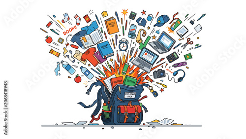 Fotografía Explosion of School Supplies: A backpack bursts open, scattering an array of colorful school supplies and educational materials into a vibrant explosion of learning and creativity