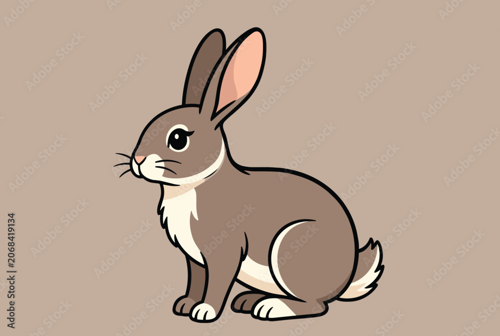 Obraz premium Adorable brown and white cartoon rabbit sitting peacefully on a neutral background representing cute wildlife illustration.