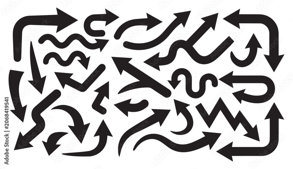 Fototapeta premium Creative hand drawn black arrows pointers set isolated on white doodle vector elements