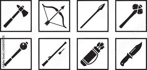Set of Ancient Primitive Weaponry Icons Featuring Historical Hunting Tools and Tribal Warfare Equipment Silhouettes