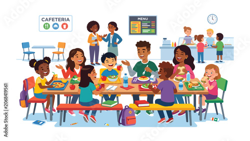 Canvastavla School Cafeteria Gathering: A lively illustration of children and adults enjoying lunch together in a bustling school cafeteria, filled with chatter, laughter, and diverse meals