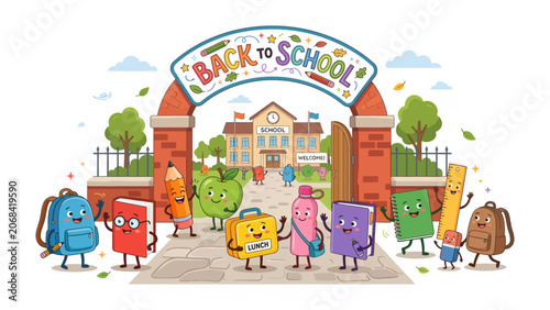 Obraz na plátne Back To School Celebration: Whimsical school supplies and anthropomorphic characters gather joyfully under an archway, welcoming students back to a vibrant school building