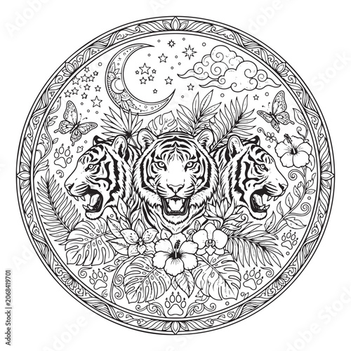 Sticker Intricate tiger mandala coloring page, celestial jungle animal line art, mystica