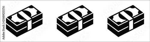 Money stack icons collection featuring three black and white cash pile designs, currency bill symbols, financial growth concepts, banking graphics and wealth management illustrations.