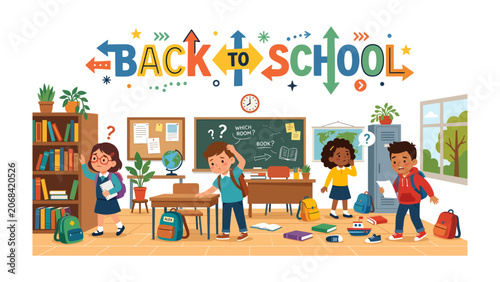 Fotografie Back to School Chaos: Children navigate a vibrant, colorful classroom filled with books, maps, and supplies, all anticipating the start of a new academic year with a mix of excitement and confusion