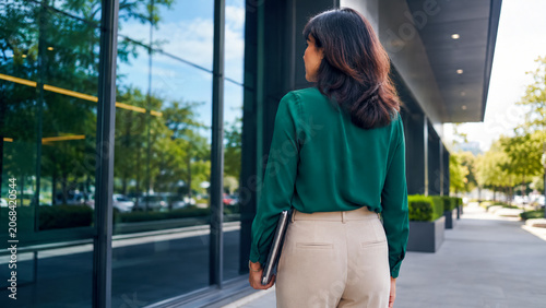 A professional woman strides purposefully towards a modern building, laptop in hand, embodying ambition and progress in the urban landscape.