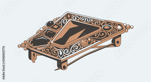 Canvastavla Intricate Antique Brooch with Ornate Gold and Dark Inlay Design.