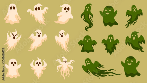 Billede på lærred various cute white and green ghosts Halloween bundle set