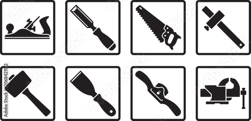 Set of minimalist carpentry and woodworking tool icons for industrial and home improvement design projects
