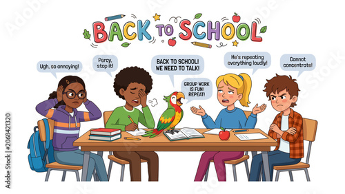 Tablou pe pânză Back to School Chaos: A humorous illustration depicts four diverse schoolchildren and a chatty parrot at a table