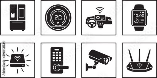 Smart home technology icon set featuring connected IoT devices and automated security systems for modern living