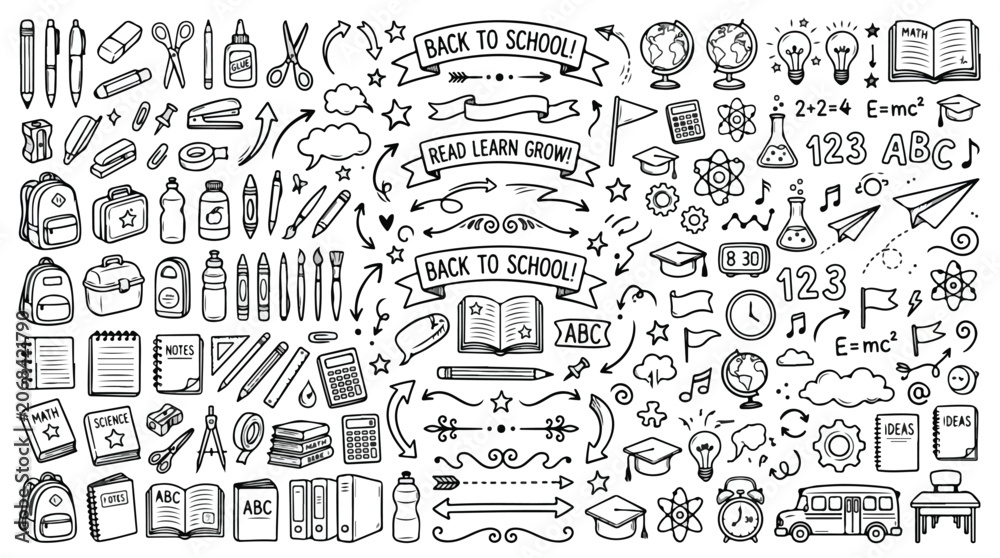 Obraz premium Large collection of back to school doodle icons.