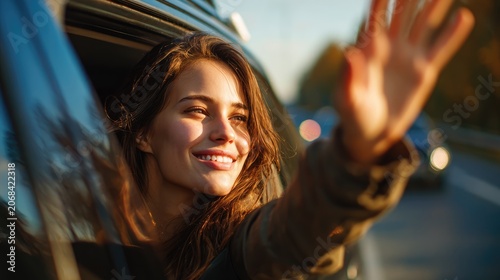 Happy young woman leaning out of a car window and waving her hand. Concept of summer road trip, travel freedom and joy during sunset.