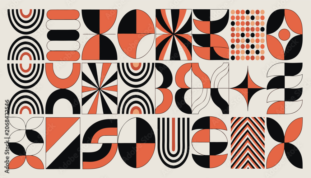 Obraz premium Geometric Pattern Banner with Black, Orange, and White Shapes