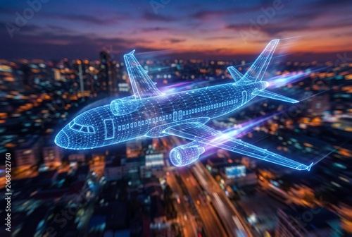 Digital wireframe airplane flying over a blurred cityscape at night featuring glowing blue geometric mesh lines representing advanced aviation