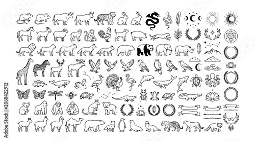 Φωτογραφία 手描き風動物と自然のアイコンセット、ベクターイラスト。野生動物、家畜、鳥、海洋生物、昆虫など、多様な生物を網羅した白黒のミニマルなデザイン。ロゴ、ウェブ、モバイ