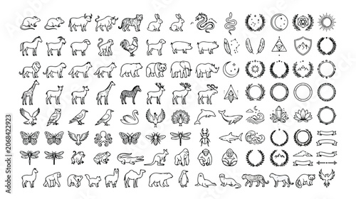 Fotografie 動物、昆虫、海洋生物、神話上の生き物など、多様な生物を網羅した線画ベクターアイコンセット。自然、野生動物、環境保護をテーマにしたデザインに最適な、ミニマルでモダ